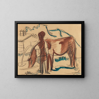 Peasants and Cow Drinking - Ernst Ludwig Kirchner — framed artwork on a wall