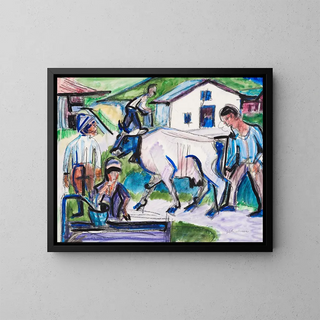 Peasants with a Cow - Ernst Ludwig Kirchner — framed artwork on a wall