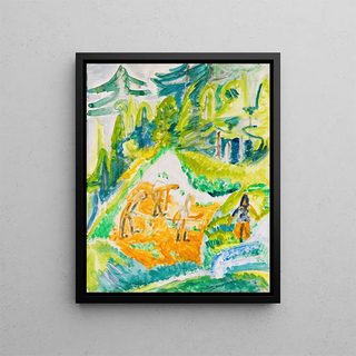 Mountain Landscape Painting of Davos with Mountain Farmers - Ernst Ludwig Kirchner — framed artwork on a wall