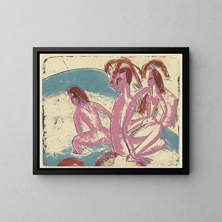 Three bathers on stones at Fehmarn - Ernst Ludwig Kirchner — framed artwork on a wall