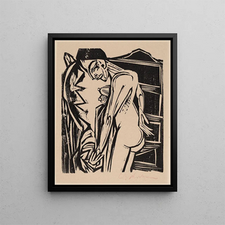 Nude female painting in front of a piece of furniture - Ernst Ludwig Kirchner — framed artwork on a wall