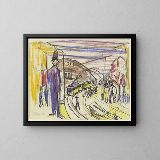 Rue Grostadt avec tramways - Ernst Ludwig Kirchner — framed artwork on a wall