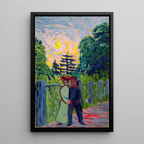 Moonrise soldier and young girl - Ernst Ludwig Kirchner — framed artwork on a wall
