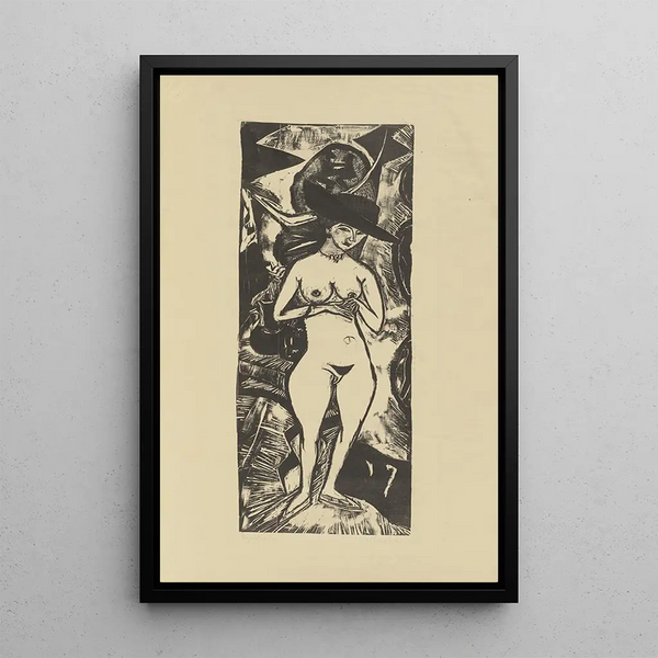 Nude painting wearing a black hat - Ernst Ludwig Kirchner — framed artwork on a wall