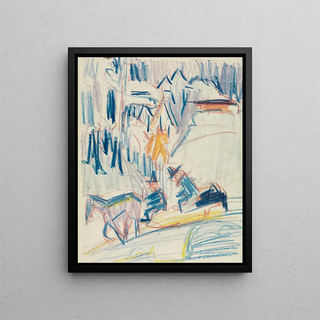 Sled pulled by horses with two men in high mountain - Ernst Ludwig Kirchner — framed artwork on a wall