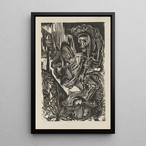 Self-portrait with the Dancing Death - Ernst Ludwig Kirchner — framed artwork on a wall