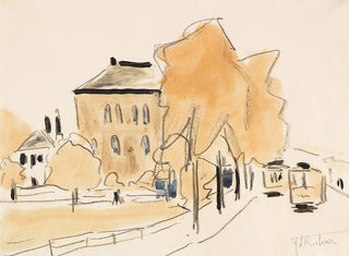 Urban landscape painting with two trams, Berlinerstraße tramway in Dresden - Ernst Ludwig Kirchner — artwork view