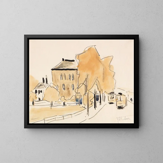 Urban landscape painting with two trams, Berlinerstraße tramway in Dresden - Ernst Ludwig Kirchner — framed artwork on a wall