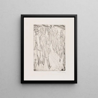 Street scene with a small dog - Ernst Ludwig Kirchner — framed artwork on a wall