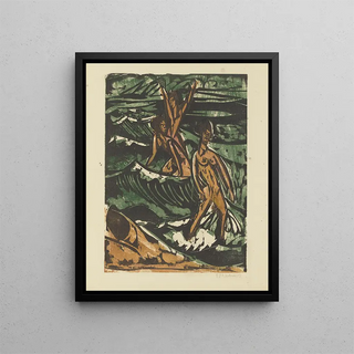 Trois baigneurs dans les vagues - Ernst Ludwig Kirchner — framed artwork on a wall
