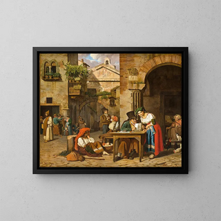 a Roman letter writer reading a letter aloud to a young girl - Ernst Meyer — framed artwork on a wall