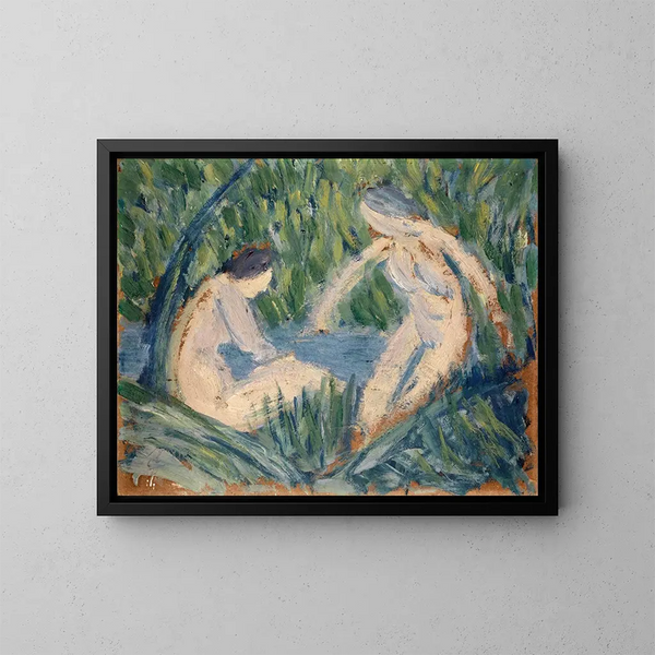Boy bathing in a forest river - Ernst Schiess — framed artwork on a wall