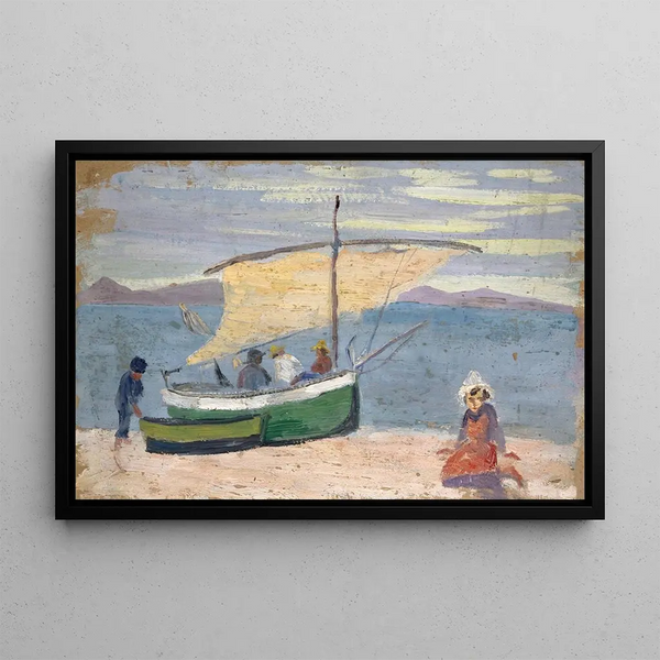 Fishing boat on the beach - Ernst Schiess — framed artwork on a wall
