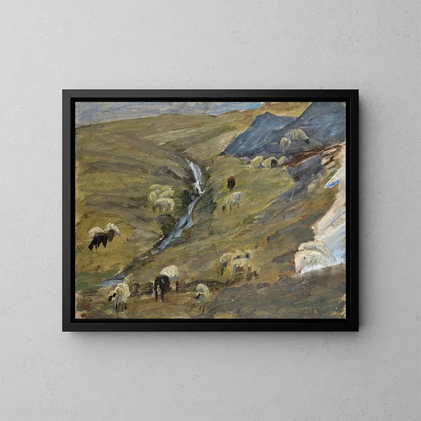 Flock of sheep on a mountain pasture - Ernst Schiess — framed artwork on a wall