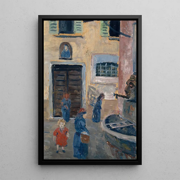 Chèvres broutant devant un bras de mer étroit et une chaîne de collines lointaine - Ernst Schiess — framed artwork on a wall