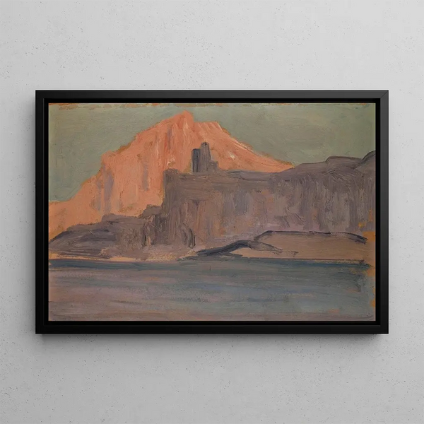 Sea and rocky coast with castle - Ernst Schiess — framed artwork on a wall