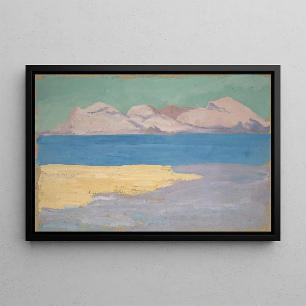 Sea arm and distant mountain range - Ernst Schiess — framed artwork on a wall