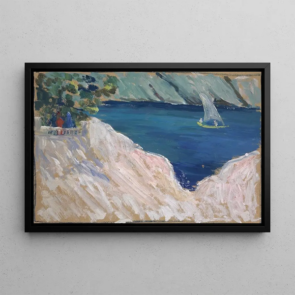 Bay with Sailboat - Ernst Schiess — framed artwork on a wall