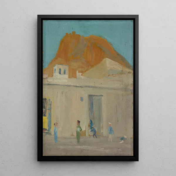 Mountain with a castle on a Spanish city - Ernst Schiess — framed artwork on a wall
