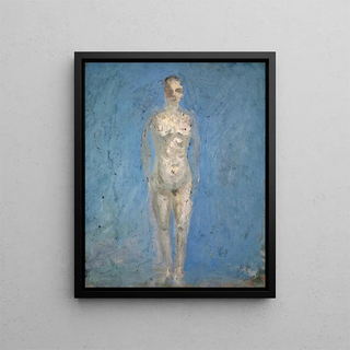 Nude woman painting against a luminous sky - Ernst Schiess — framed artwork on a wall