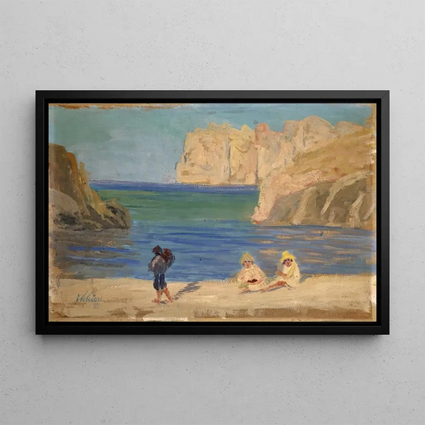 Rocky Bay with Two Seated Figures - Ernst Schiess — framed artwork on a wall