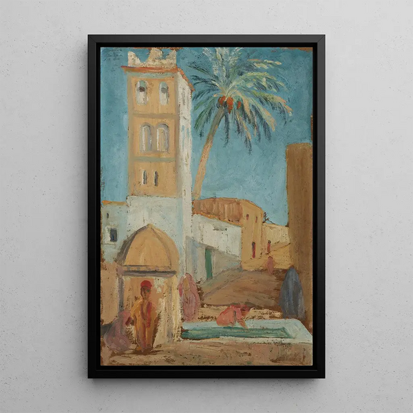 Scene at a fountain in a Moroccan setting - Ernst Schiess — framed artwork on a wall