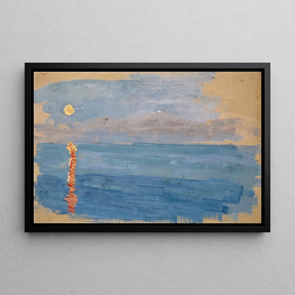 Sunset over a bay by the sea - Ernst Schiess — framed artwork on a wall
