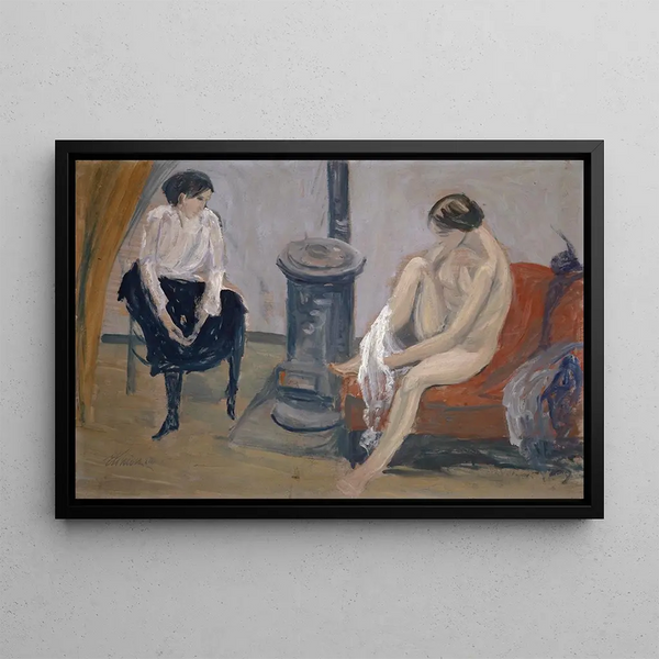 Two women at a stove - Ernst Schiess — framed artwork on a wall