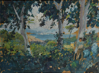 View through the trees on a southern bay by the sea - Ernst Schiess — artwork view