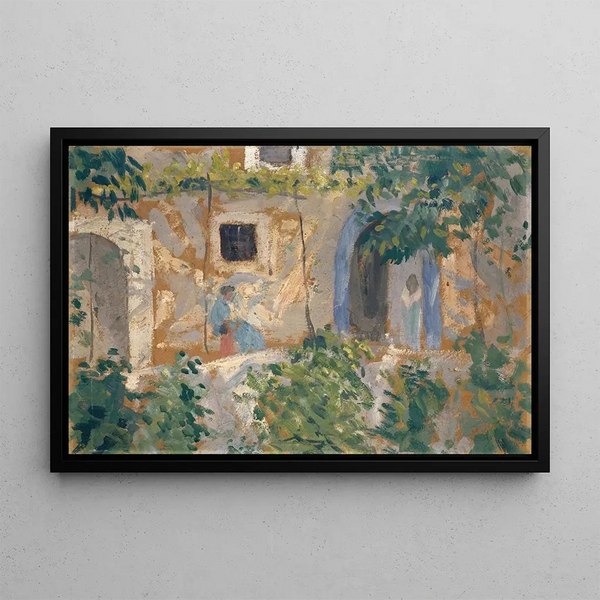 Woman with Child in Front of a House - Ernst Schiess — framed artwork on a wall