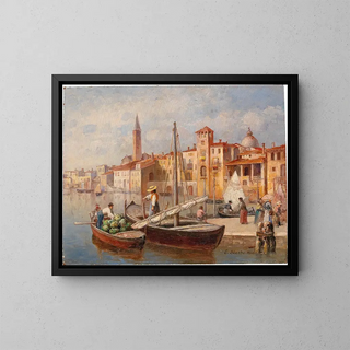 Italian port painting - Ernst Stache — framed artwork on a wall