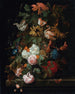 a flower still life in a glass vase with a butterfly on a ledge - Ernst Stuven — artwork view