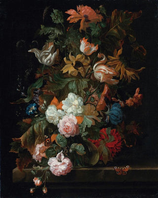 a flower still life in a glass vase with a butterfly on a ledge - Ernst Stuven — artwork view