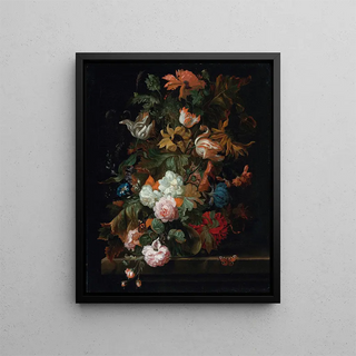 a flower still life in a glass vase with a butterfly on a ledge - Ernst Stuven — framed artwork on a wall