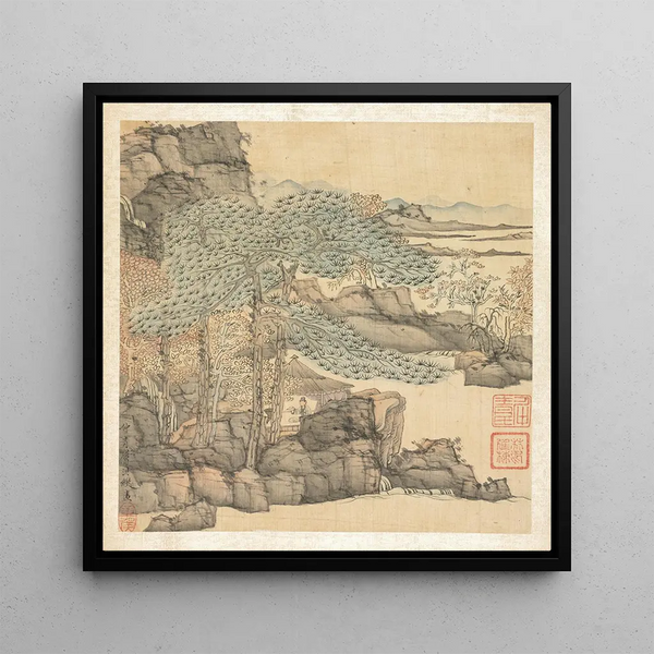 Érudit reading in a thatched hut near a waterfall - Chen Hongshou — framed artwork on a wall