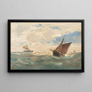 Steamship and sailing ships in open sea - Erwin Carl Wilhelm Günther — framed artwork on a wall