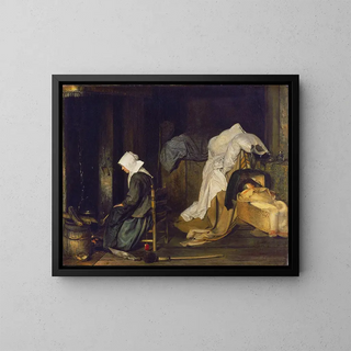 Interior painting with woman cooking - Esaias Boursse — framed artwork on a wall