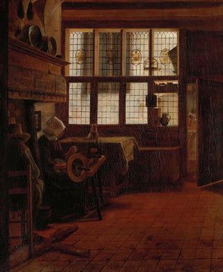 Interior painting with a woman at the spinning wheel - Esaias Boursse — artwork view