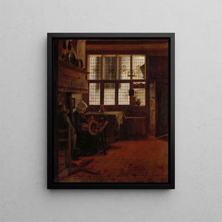 Interior painting with a woman at the spinning wheel - Esaias Boursse — framed artwork on a wall