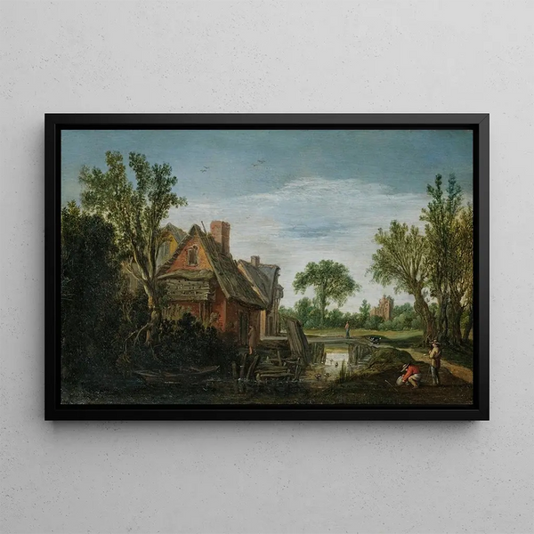The Hague, a wooded river landscape with figures on a path on a riverside next to a village, a bridge beyond - Esaias van de Velde — framed artwork on a wall