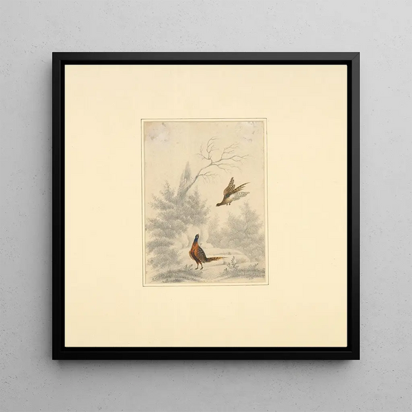 Sketch of a pheasant, one flying and the other on the ground - Henry Thomas Alken — framed artwork on a wall