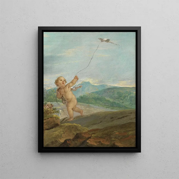 Angel playing with a kite - Étienne Parrocel — framed artwork on a wall