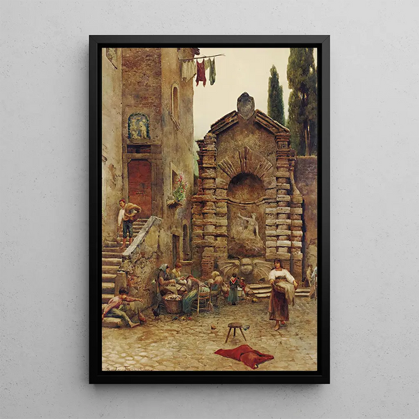 Life in a Roman Courtyard - Ettore Roesler Franz — framed artwork on a wall