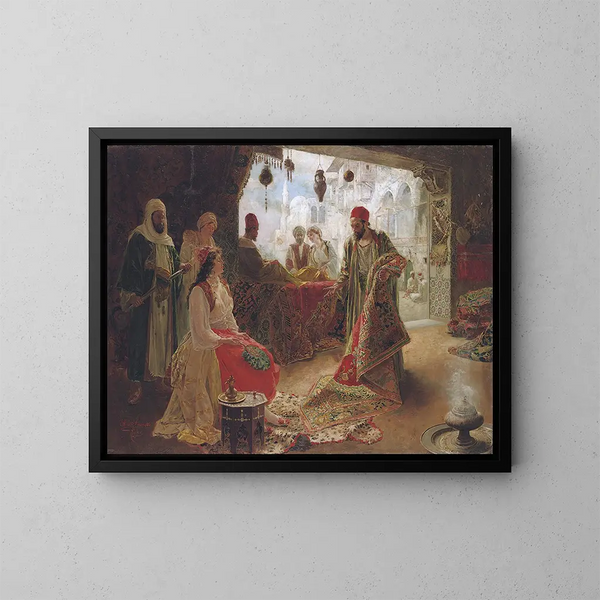 The carpet merchant - Ettore Simonetti — framed artwork on a wall
