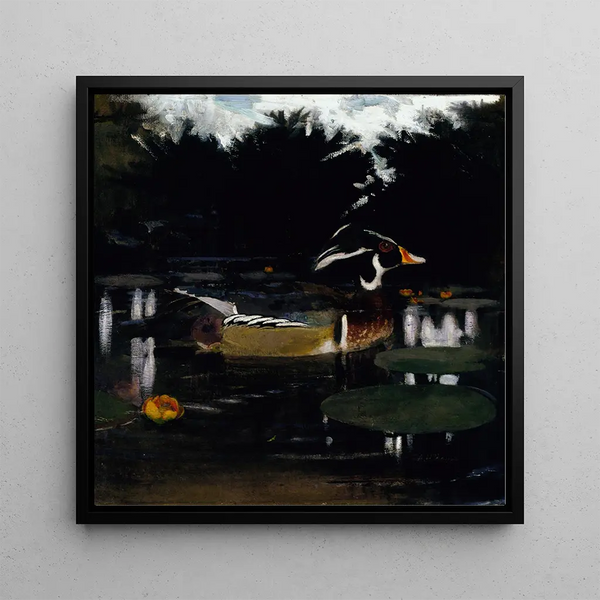 Study of a male mallard duck in a forest pond for the book Camouflage in the Animal Kingdom - Abbott Handerson Thayer — framed artwork on a wall
