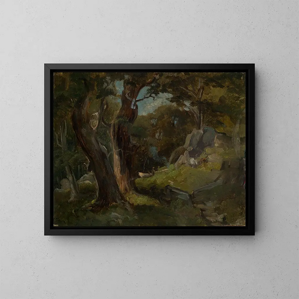 Forest Glade Painting with Horses - Eugen Bracht — framed artwork on a wall