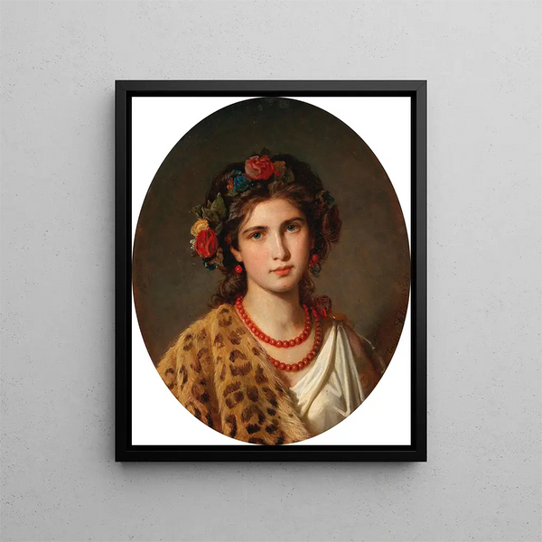 Portrait of a girl with a crown of roses in her hair and a leopard skin - Eugen Felix — framed artwork on a wall