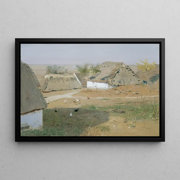 Village scene with straw huts at Staatz - Eugen Jettel — framed artwork on a wall