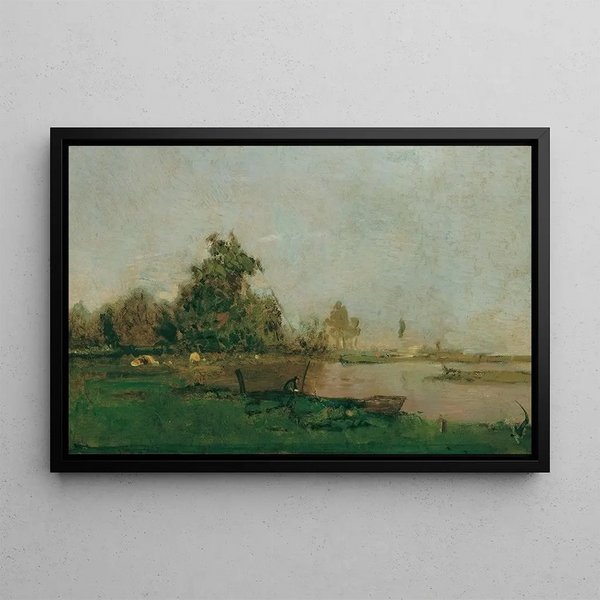 River landscape painting with boat - Eugen Jettel — framed artwork on a wall