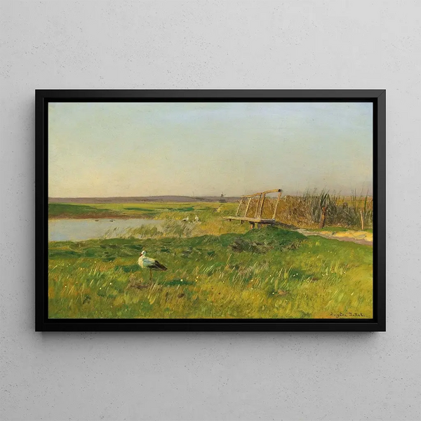 Spring landscape painting with bushes near a pond - Eugen Jettel — framed artwork on a wall